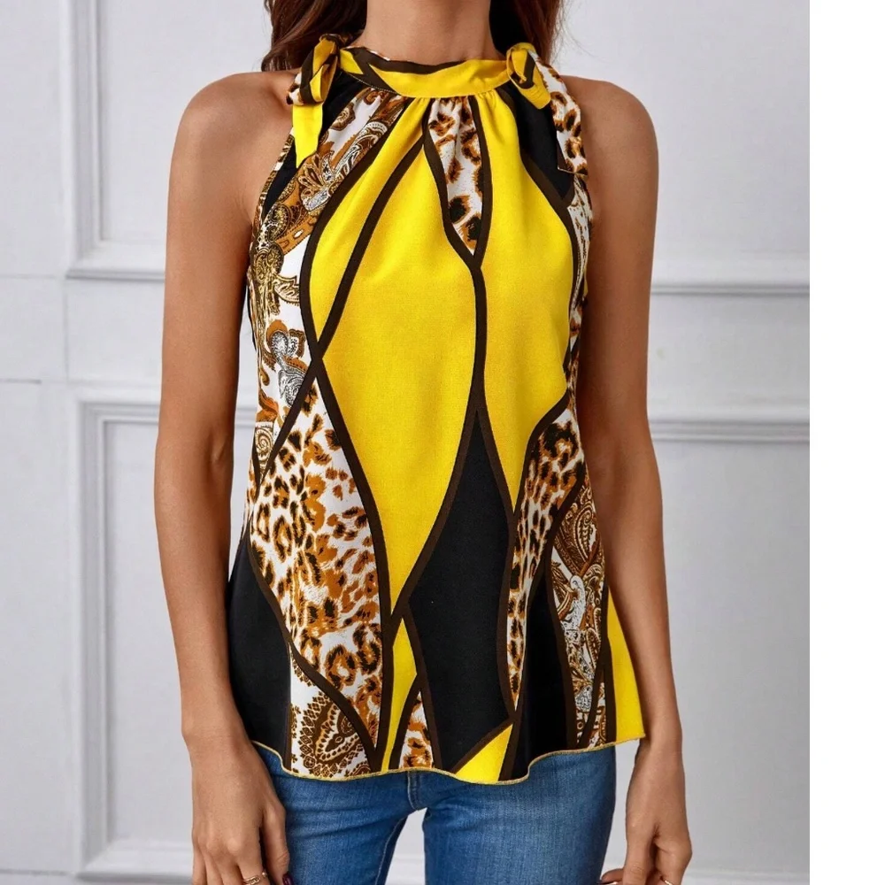 Leopard Print Color Block halter Neck Tie Tank Top - Picture 7 of 9